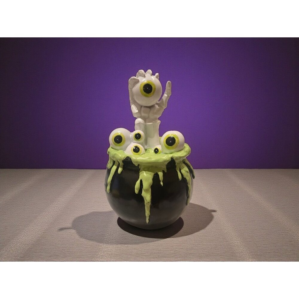 New Halloween Spooky Green Black Cauldron W/ Skeleton Hand and Eyeball Stew